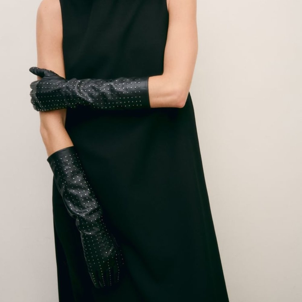 NWT FAUX LEATHER LONG BLACK STUDDED GLOVES - Picture 3 of 7
